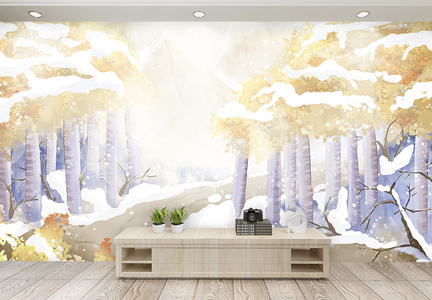 古风树林雪景背景墙图片