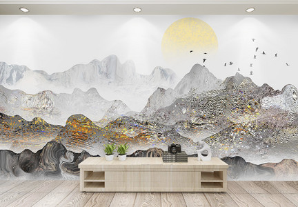 新中式水墨山水背景墙图片