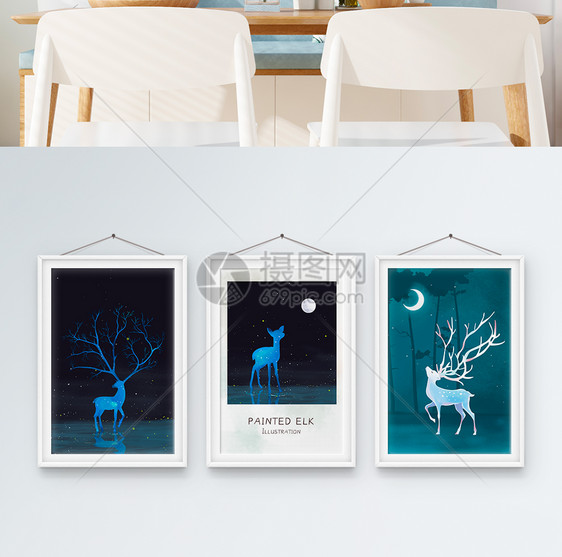 北欧水彩麋鹿唯美夜景客厅装饰画三联框图片
