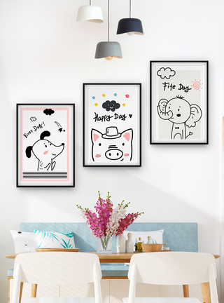北欧简约动物卡通儿童卧室装饰画三联框图片