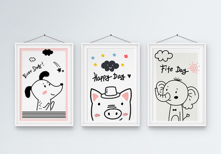 北欧简约动物卡通儿童卧室装饰画三联框高清图片