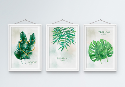 北欧现代简约清新手绘植物装饰画三联框高清图片