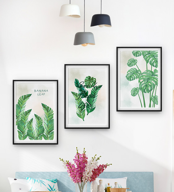 北欧小清新绿植叶子水彩装饰画三联框图片