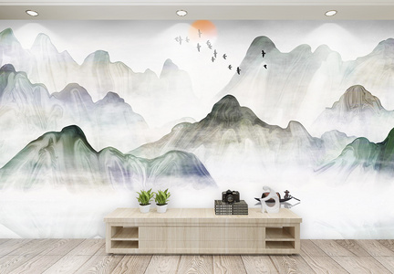 新中式山水背景墙图片