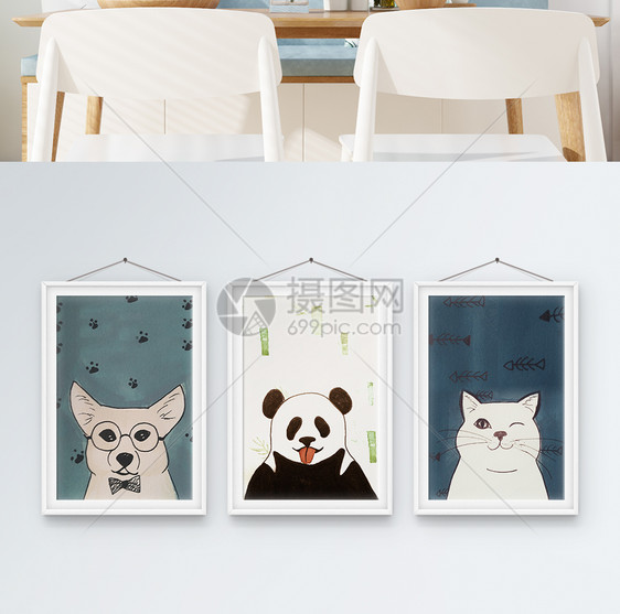 动物系儿童房三联框装饰画图片