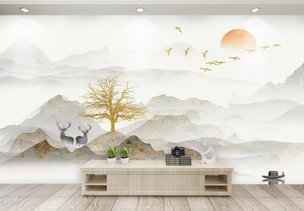 中国风山水水墨背景墙高清图片
