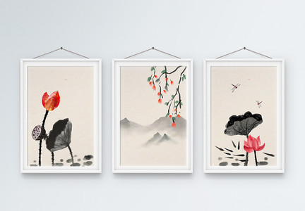 中国水墨风荷花装饰画三联框图片