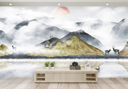 新中式山水背景墙图片