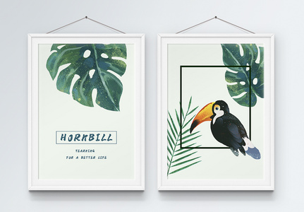 北欧风格犀鸟动植物二联框装饰画高清图片