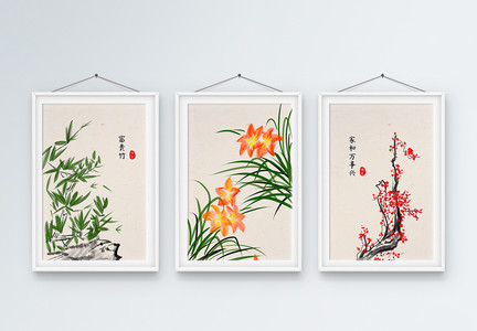 新中式中国风水墨装饰画三联框图片