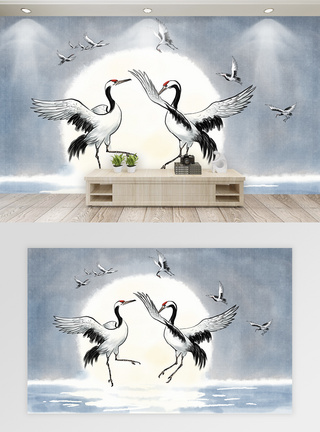 中国风水墨仙鹤背景墙图片