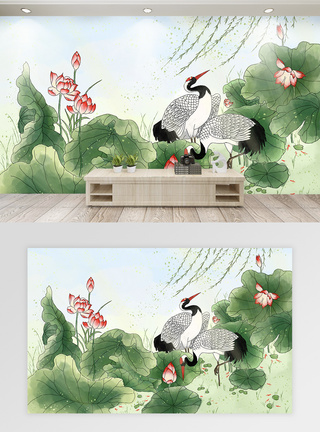 中国风荷花仙鹤背景墙图片