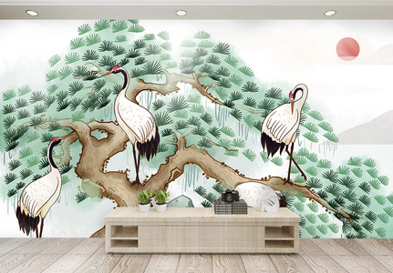 中国风仙鹤背景墙高清图片