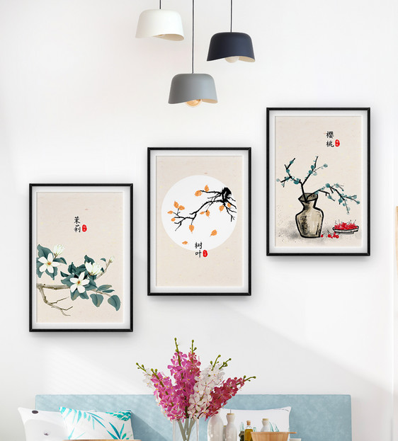 中国风新中式客厅温馨沙发装饰画三联框图片