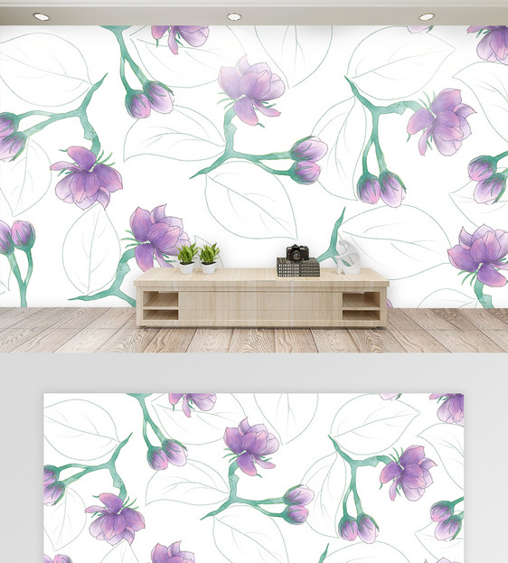 紫色花卉手绘背景墙图片