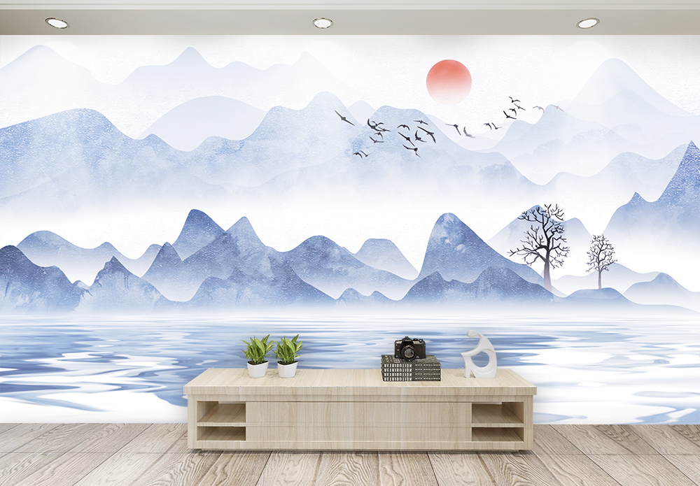 简约山水中式电视背景墙图片素材