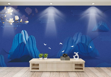 蓝色新中式中国风国潮元素背景墙图片