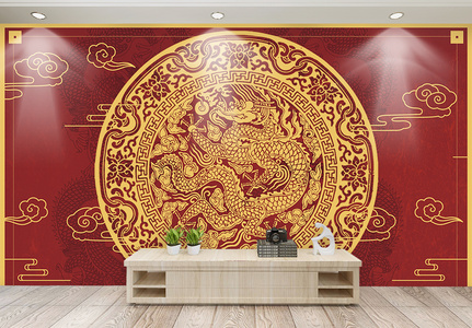 新现代国潮传统纹样中国龙背景墙高清图片