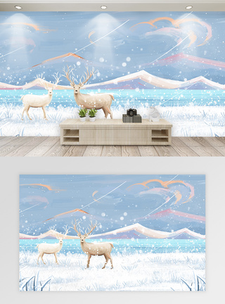 梦幻雪景雪地里的鹿背景墙模板