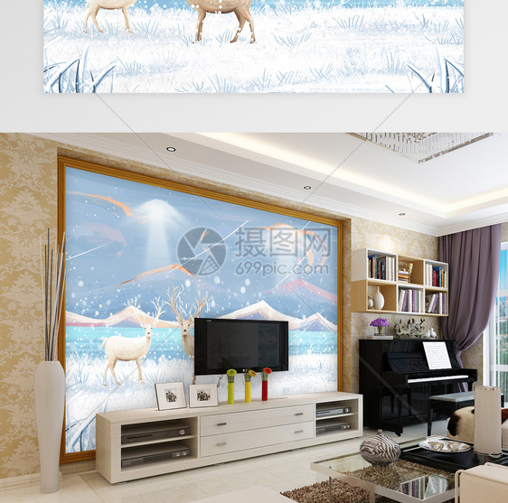 雪地里的鹿背景墙图片