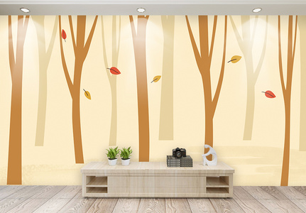 金色树林卡通手绘背景墙图片