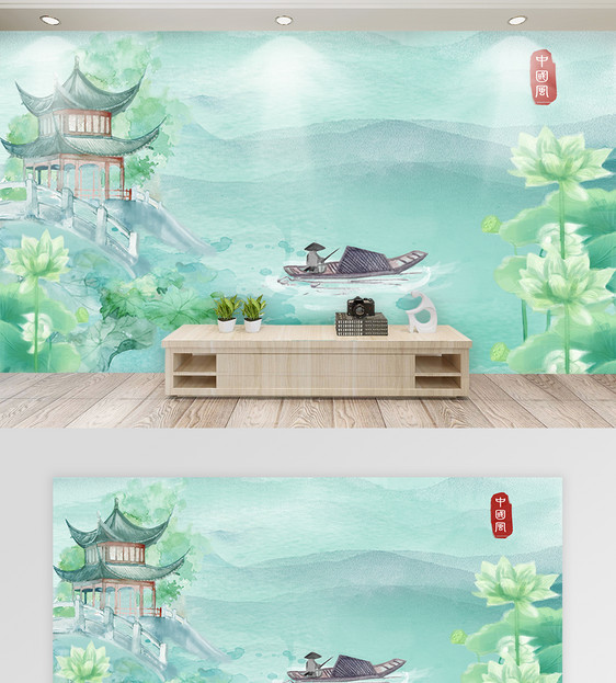 渔翁钓鱼水彩插画背景墙图片