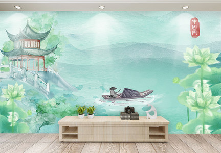渔翁钓鱼水彩插画背景墙图片