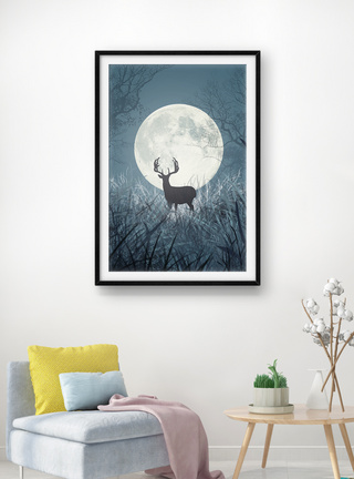 森林夜景圆月之鹿装饰画模板