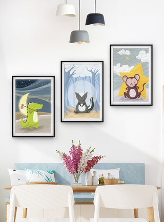 墙手绘可爱客厅儿童房动物系三联框装饰画模板