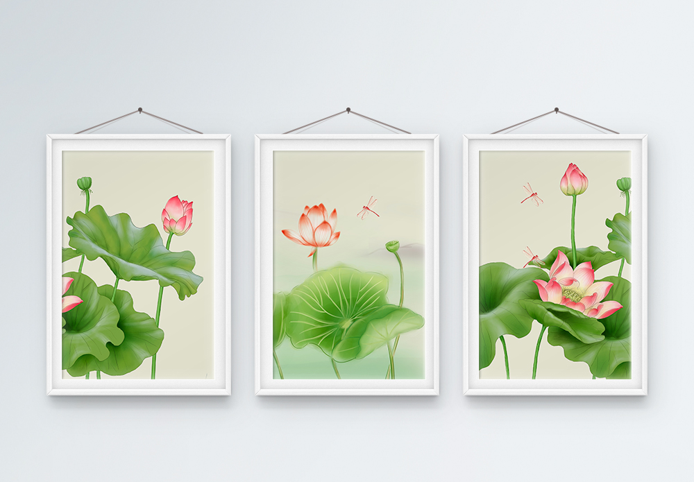 荷花中国风手绘中国风手绘荷花装饰画三联框模板