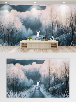 冬天风景插画梦幻的麋鹿背景墙模板