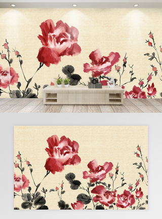 玫瑰壁纸中国风水墨画月季花复古背景墙模板