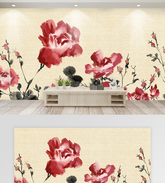 中国风水墨画月季花复古背景墙图片