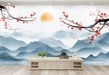 中国风水墨山水画背景墙图片
