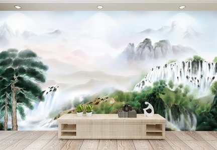 青松瀑布山水画背景墙图片