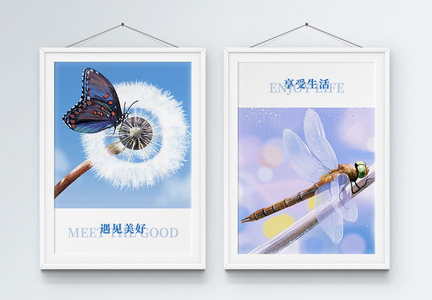 现代简约蜻蜓蝴蝶动物二联框装饰画图片