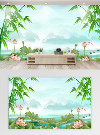 风景水墨画新中式家和富贵竹子山水情壁画电视背景墙模板