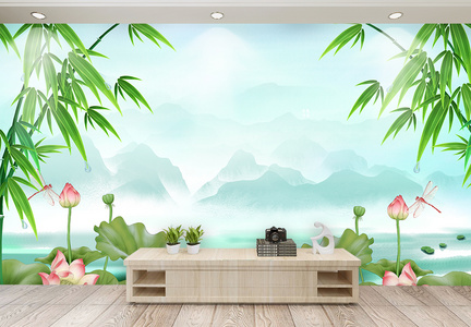 新中式家和富贵竹子山水情壁画电视背景墙图片