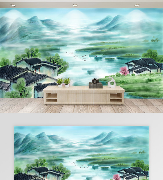 水墨山水画背景墙图片