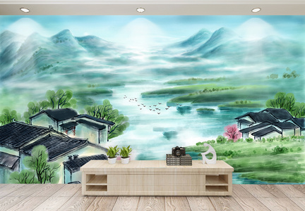 水墨山水画背景墙图片