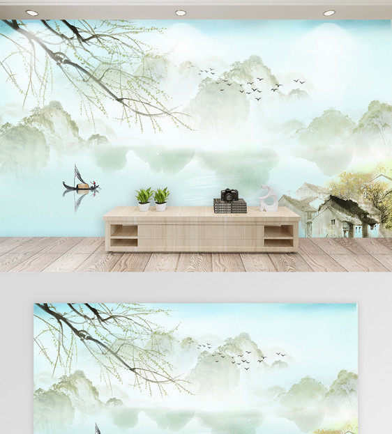 江南春色水墨风景背景墙图片
