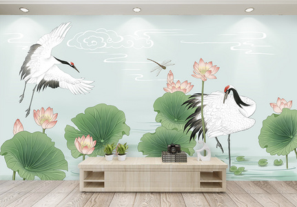 中国风荷花仙鹤背景墙图片