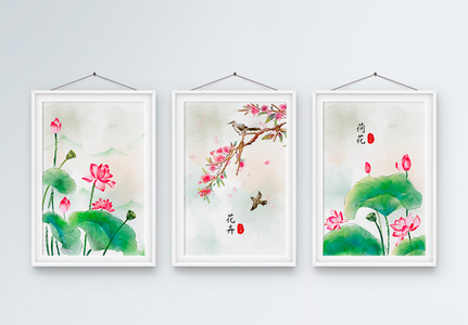 中国风荷花装饰画三联框图片