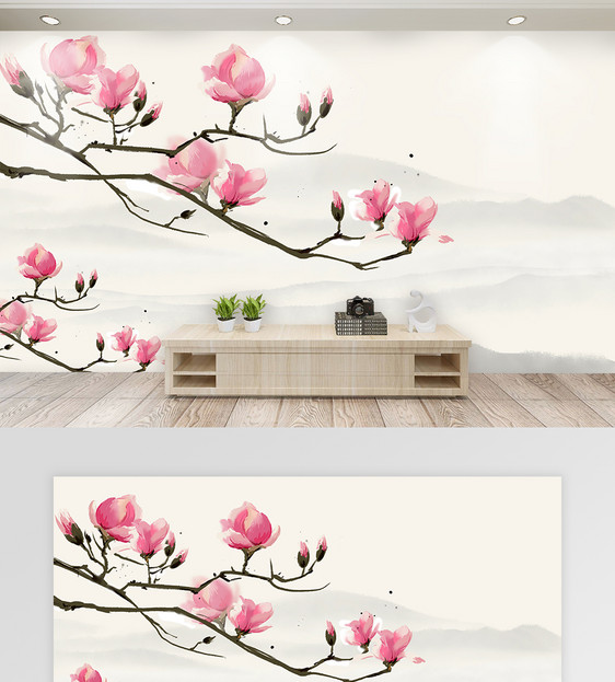 简约清新桃花客厅背景墙壁图片