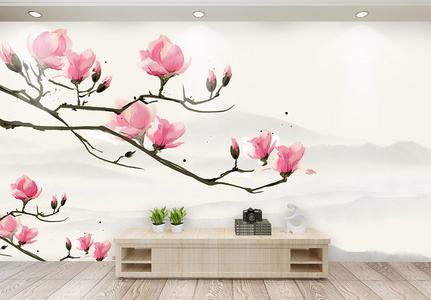 简约清新桃花客厅背景墙壁高清图片