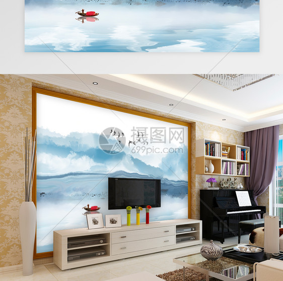 新中式简约山水风景背景墙图片