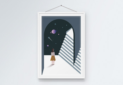 莫兰迪色系创意空间楼梯星空装饰画图片