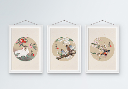 古风花鸟装饰画三联框图片