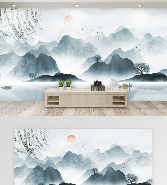 意境山水水墨中国风背景墙图片