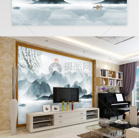 意境山水水墨中国风背景墙图片